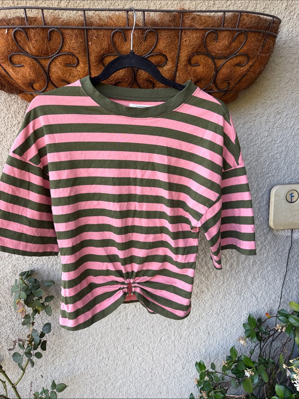 Anthropologie Pink and Olive Green Striped Short Sleeve Tee